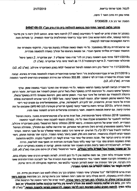 מכתב הבקשה של שר ניב לקופח מכבי שיממנו לו ניפוח פנים נשיות