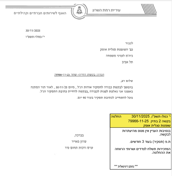 עוס שרון מאייר קליין רשימת המתנה 3 חודשים ברווחה רמת השרון